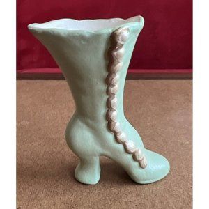 Vintage Ceramic Victorian Pale Mint Green Shoe Bud Vase 4” Tall Iridescent